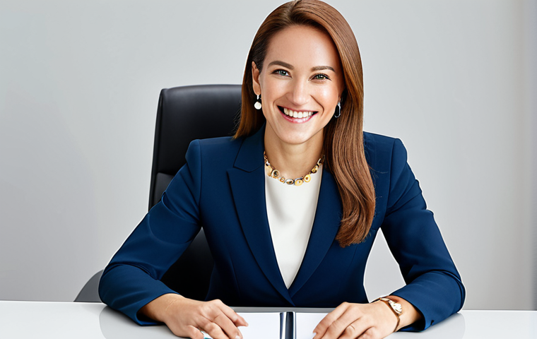 A professional businesswoman wearing a modest, stylish business suit. She is confidently smiling while seated at a sleek, modern desk in a well-lit contemporary office. Her elegant, understated hypoallergenic earrings and a delicate necklace are subtly visible, enhancing her professional look. The image captures a sense of comfort and sophistication. Perfect anatomy, correct proportions, natural pose, well-formed hands, proper finger count, natural body proportions. Professional photography, high quality, soft studio lighting, sharp focus, vibrant colors. safe for work, appropriate content, fully clothed, professional dress, modest attire, family-friendly.
