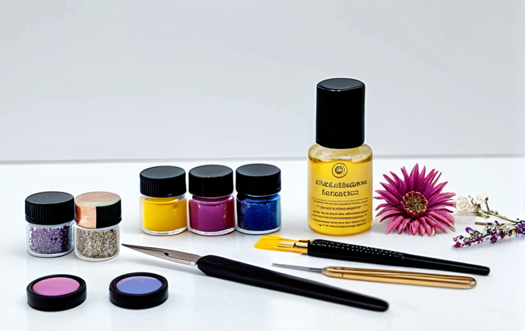 **

A beginner's resin accessory starter kit displayed on a clean white surface. The kit includes various molds (simple shapes), UV resin bottles, colorful liquid pigments, glitter, dried flowers, tweezers, and small jewelry findings (earring hooks, necklace chains). The scene is well-lit and inviting, showcasing the ease of starting resin crafting. Safe for work, appropriate content, fully clothed, modest, family-friendly, professional photography, perfect anatomy, natural proportions.

**