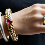 Layered Gold & Silver Bracelets**

"A close-up studio shot of several bracelets layered on a wrist. Features a mix of textures: matte gold, polished silver, and a bracelet with small colorful gemstones (ruby and sapphire). Focus on the interplay of light and shadow on the different metals. fully clothed, appropriate attire, safe for work, perfect anatomy, well-formed hands, proper finger count, high quality, professional jewelry photography, soft lighting."

**