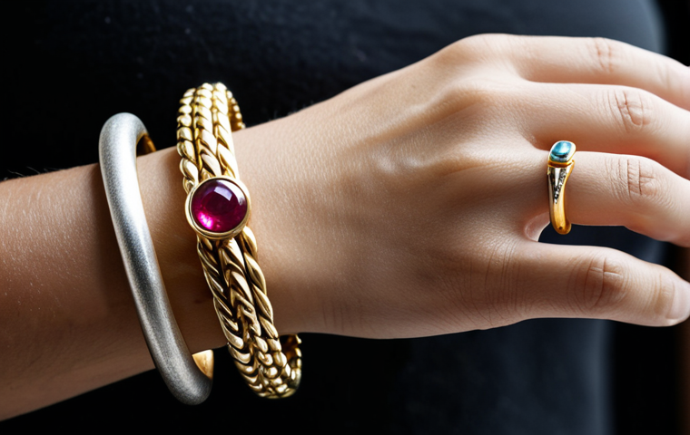 Layered Gold & Silver Bracelets**

"A close-up studio shot of several bracelets layered on a wrist. Features a mix of textures: matte gold, polished silver, and a bracelet with small colorful gemstones (ruby and sapphire). Focus on the interplay of light and shadow on the different metals. fully clothed, appropriate attire, safe for work, perfect anatomy, well-formed hands, proper finger count, high quality, professional jewelry photography, soft lighting."

**
