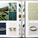 Design Inspiration Board**

"A digital mood board showcasing wedding ring design inspiration: elegant platinum bands, nature-inspired motifs, vintage-style rings, and modern geometric patterns. Include fabric swatches, color palettes, and sketches. Bright, airy photography, safe for work, appropriate content, fully clothed (representing design elements, not people), professional, high quality."

**