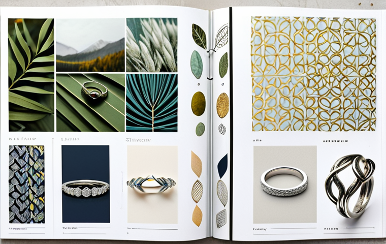 Design Inspiration Board**

"A digital mood board showcasing wedding ring design inspiration: elegant platinum bands, nature-inspired motifs, vintage-style rings, and modern geometric patterns. Include fabric swatches, color palettes, and sketches. Bright, airy photography, safe for work, appropriate content, fully clothed (representing design elements, not people), professional, high quality."

**