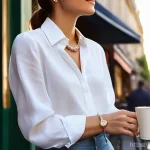 에르메스 쥬얼리 라인업 리뷰 - **Prompt:** A sophisticated woman in her early 30s, dressed in a classic, tailored white linen shirt...