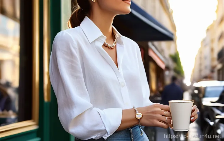 에르메스 쥬얼리 라인업 리뷰 - **Prompt:** A sophisticated woman in her early 30s, dressed in a classic, tailored white linen shirt...