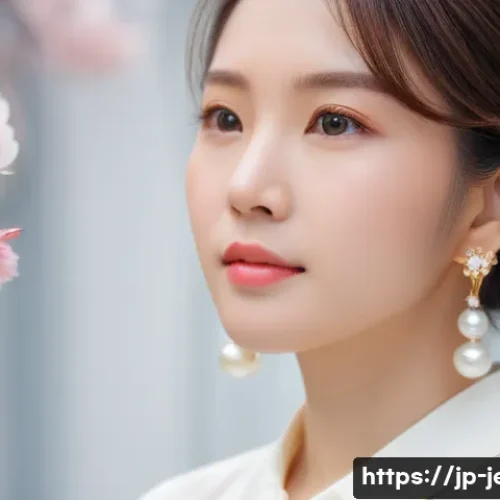 진주 귀걸이와 골드 귀걸이 비교 - A close-up image of elegant pearl earrings worn by a young Japanese woman with soft, natural makeup ...