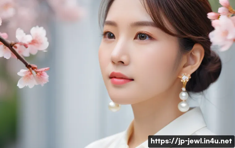 진주 귀걸이와 골드 귀걸이 비교 - A close-up image of elegant pearl earrings worn by a young Japanese woman with soft, natural makeup ...