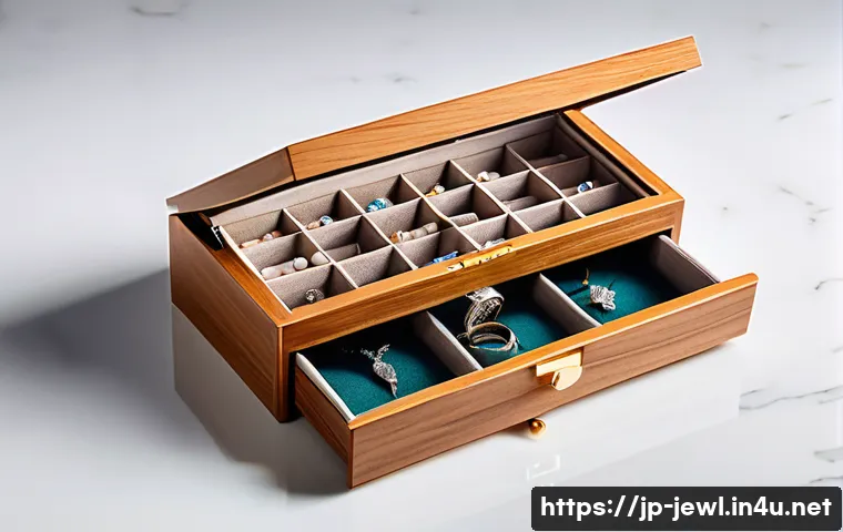 럭셔리 쥬얼리 보관함 추천 - A luxurious jewelry box made of natural wood with a visible wood grain texture, lined with soft felt...
