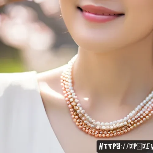 진주 목걸이와 골드 체인 매치법 - A sophisticated spring fashion portrait featuring a Japanese woman wearing layered pearl and gold ch...