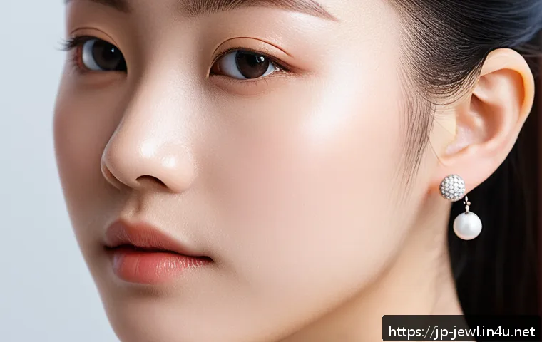 알러지 프리 귀걸이 소재 추천 - A close-up image of a young Japanese woman with sensitive skin wearing hypoallergenic titanium earri...