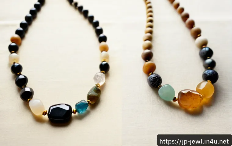 천연석 목걸이와 인조석 차이 - Photorealistic jewelry comparison scene, two elegant stone necklaces displayed side by side on warm ...